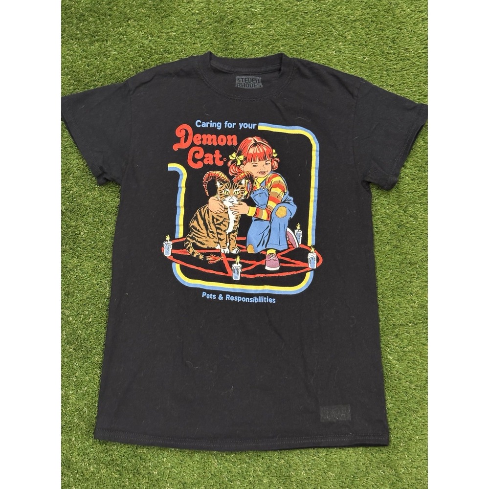 Steven Rhodes Black T-Shirt Caring for Your Demon Cat Size Small Red Hair Girl